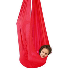This is an image of a child using a Red   Lycra Therapy Snuggle Sack Kids Swing For Autism