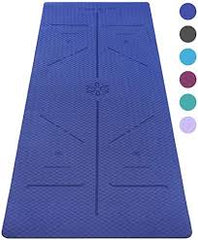 This is an image of a Blue Yoga fitness Mat with alignment lines to assist with foot placement