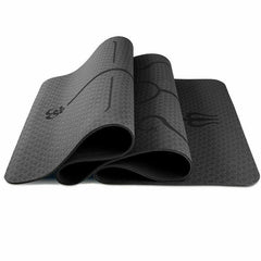 This is an image of a Black Yoga fitness Mat  with alignment lines to help with foot placement
