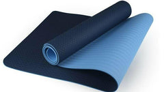 This is an image of a Yoga fitness Mat  with a dark blue side and a light blue side